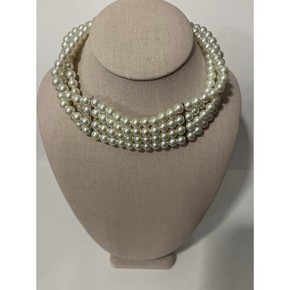 Gold Tone Faux Pearl Choker Necklace Multiple Strand Vintage - Picture 1 of 8